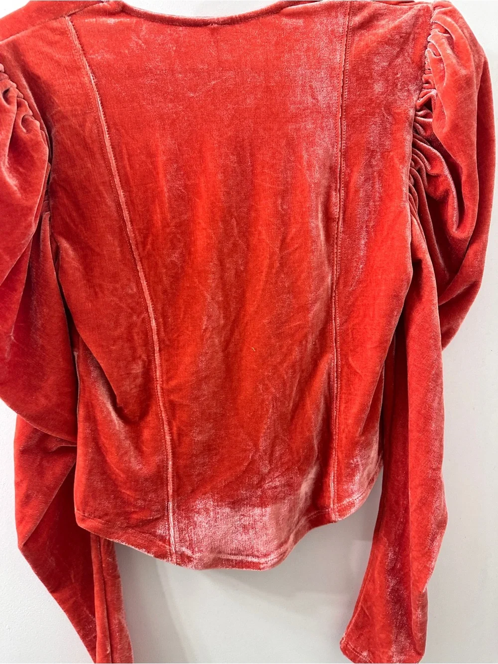 Free People Velvet Puff-Sleeve Square Neck Top in Coral Orange